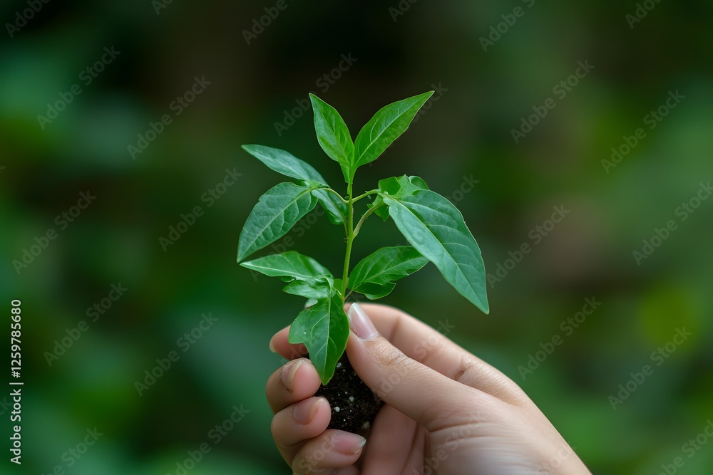 Hand holding seedling, green background, growth, nature Hand holding seedling, green background, growth, nature