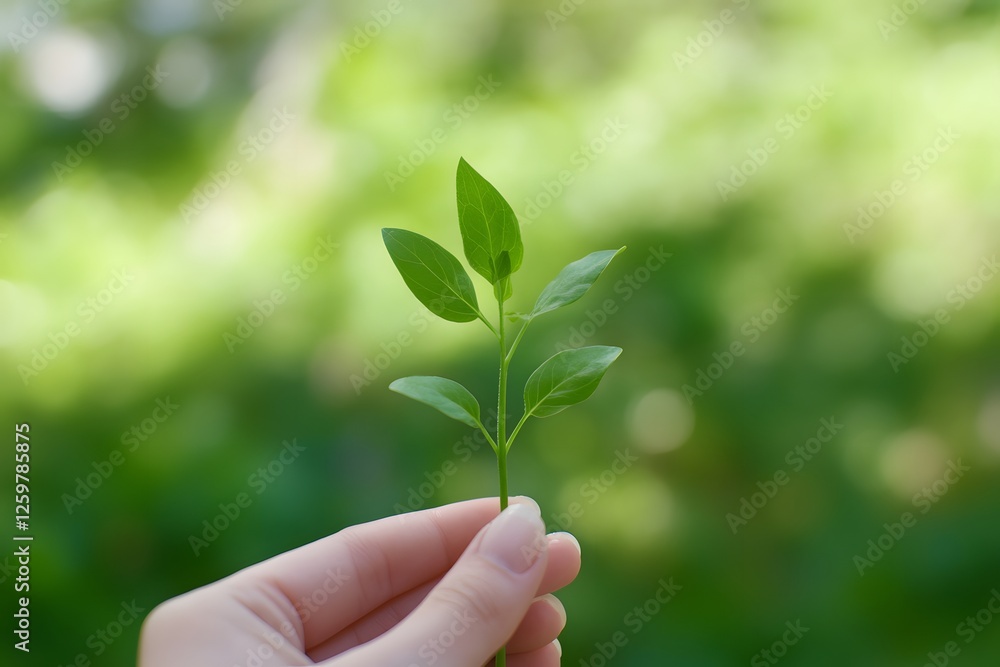 Hand holding sprout, green background, nature, growth Hand holding sprout, green background, nature, growth
