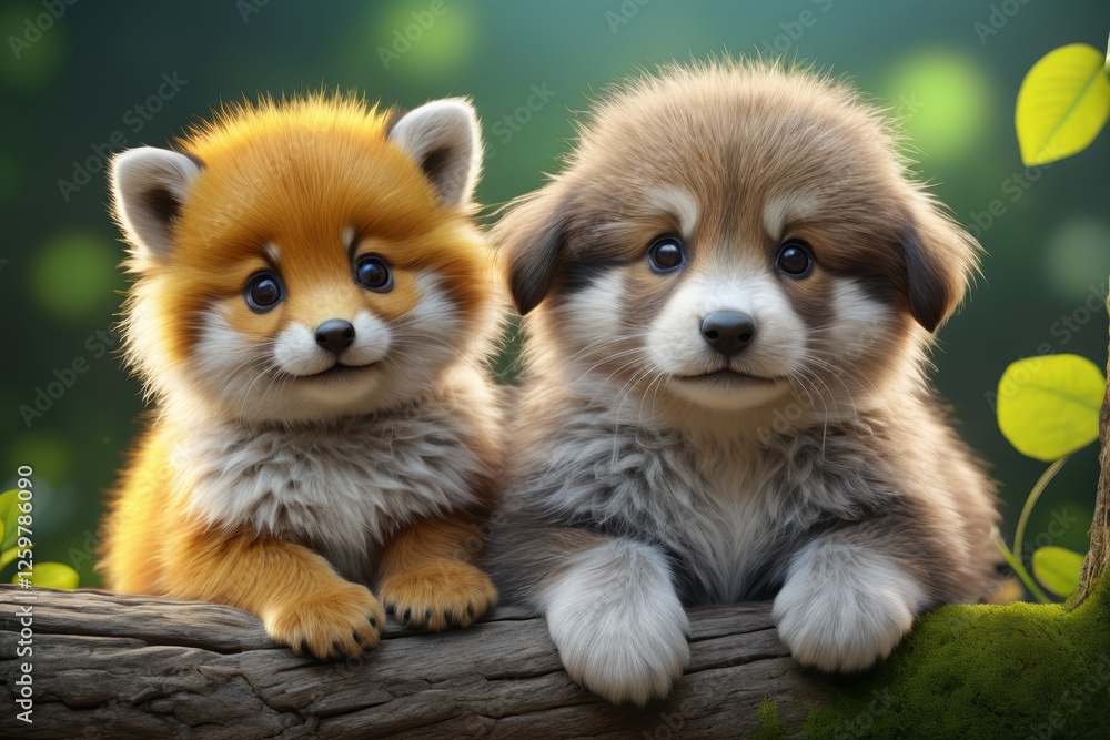 there are two small dogs sitting on a log together there are two small dogs sitting on a log together