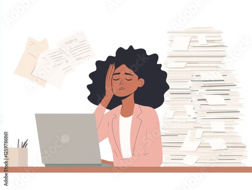 Very stressed business woman sitting in front of her computer looking at a large pile of paperwork, while holding a hand at her forehead  - ai