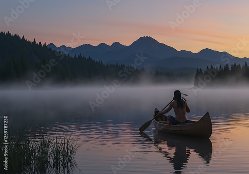 Canoe on Misty Lake at Sunrise Mountain Landscape