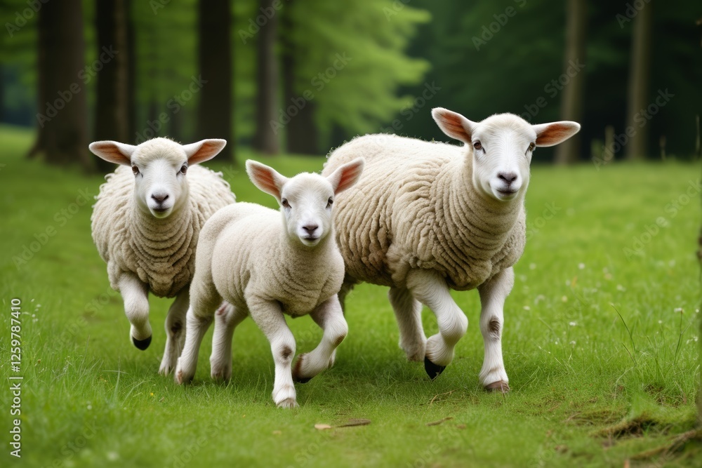 three sheep running in a field of grass with trees in the background three sheep running in a field of grass with trees in the background