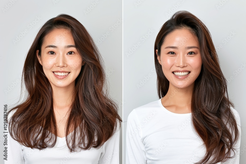 Good Hair Day. A before-and-after comparison of hair transformation from frizzy to smooth and wavy. Good Hair Day. A before-and-after comparison of hair transformation from frizzy to smooth and wavy.