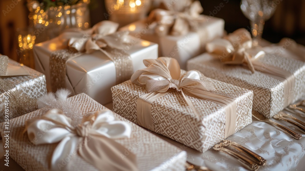 Elegant Holiday Presents: A Close-Up View of Beautifully Wrapped Gifts Elegant Holiday Presents: A Close-Up View of Beautifully Wrapped Gifts