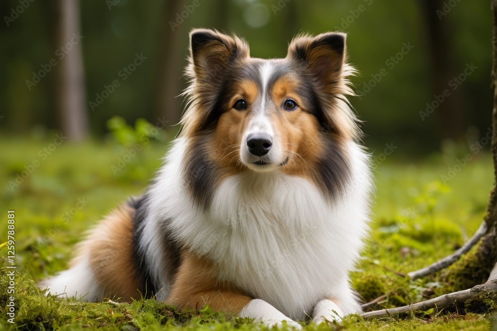 arafed dog laying in the grass near a tree in a forest arafed dog laying in the grass near a tree in a forest