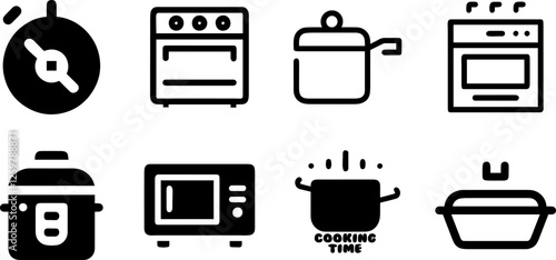 Cooking Time & Kitchen Appliance Icon Set, Line Art Vector Illustration