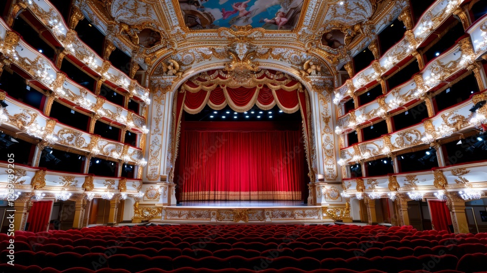 Obraz premium World Theatre Day. Luxurious opera house with red velvet seats and a grand stage.