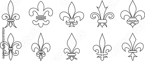 Fleur de Lys symbols or Fleur de Lis vector icon set ornament Silhouette isolated on transparent background. Flower Lily Royal Medieval Heraldic french symbol. Classic emblems flower art pattern.