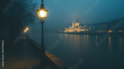 Dark foggy night in Budapest, mystical lights on the street