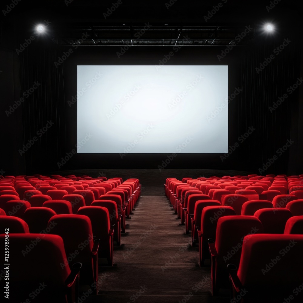 Blank movie theater screen in dark auditorium Blank movie theater screen in dark auditorium
