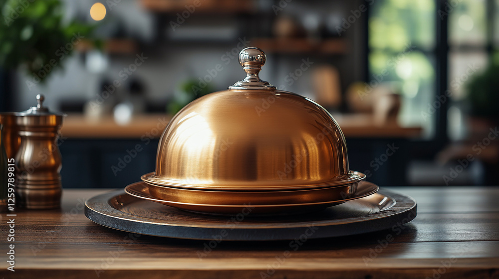 Elegantly presented golden serving cloche resting on an empty plate in a cozy kitchen setting