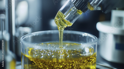 Extracting cannabis oil in laboratory setting, showcasing process of oil dripping into glass container. image captures precision and clarity of extraction method