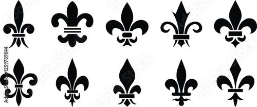 Fleur de Lys symbols or Fleur de Lis vector icon set ornament Silhouette isolated on transparent background. Flower Lily Royal Medieval Heraldic french symbol. Classic emblems flower art pattern.