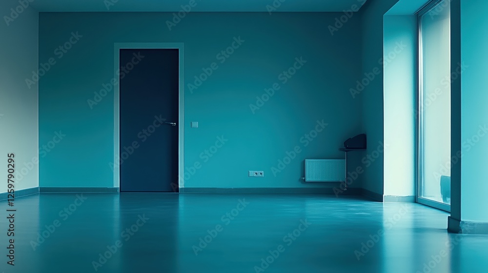 Minimalist Interior of an Empty Room with Blue Walls and a Single Door and Natural Light Minimalist Interior of an Empty Room with Blue Walls and a Single Door and Natural Light
