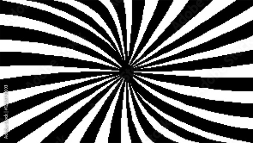 Hypnotic spiral pixel art. Swirl tunnel, black and white vector illustration in retro 8-bit video game style.