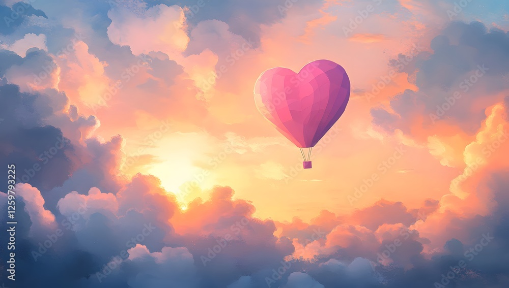 Heart-shaped hot air balloon floats in colorful sunset clouds Heart-shaped hot air balloon floats in colorful sunset clouds
