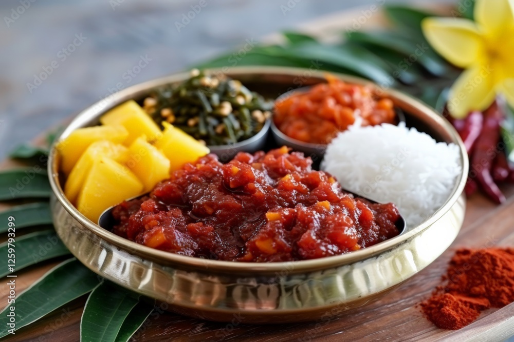 Ougadi. A traditional Indian meal featuring sweet and spicy chutney, rice, and mango slices. Ougadi. A traditional Indian meal featuring sweet and spicy chutney, rice, and mango slices.