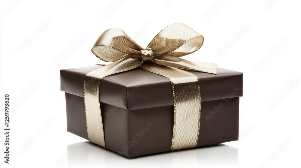 Elegant Brown Gift Box Wrapped with a Gold Ribbon on a White Background Elegant Brown Gift Box Wrapped with a Gold Ribbon on a White Background