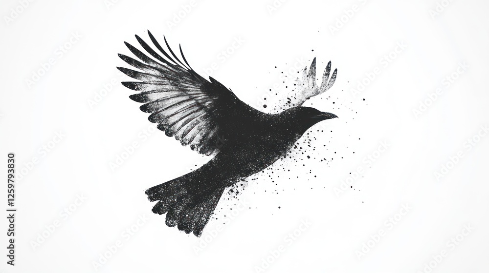 Obraz premium Black crow in flight, abstract art, white background, digital illustration, design element