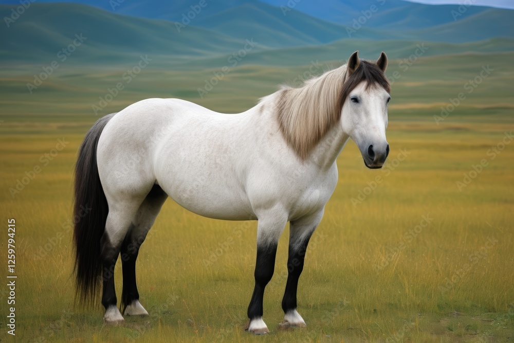 there is a white horse standing in a field with mountains in the background