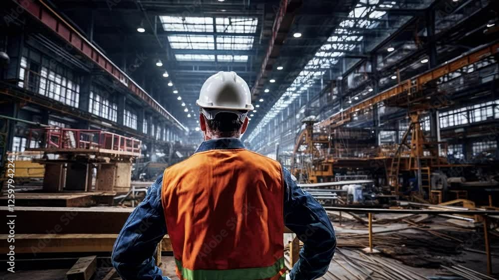A worker in a hard hat and vest stands in a vast industrial warehouse. The low-angle shot adds depth, creating a cinematic video feel. A worker in a hard hat and vest stands in a vast industrial warehouse. The low-angle shot adds depth, creating a cinematic video feel.