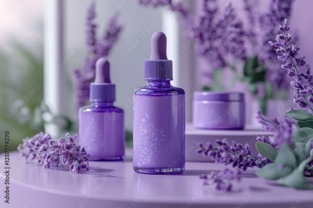 Lavender cosmetics displaying elegant purple bottles and jars with droppers Lavender cosmetics displaying elegant purple bottles and jars with droppers