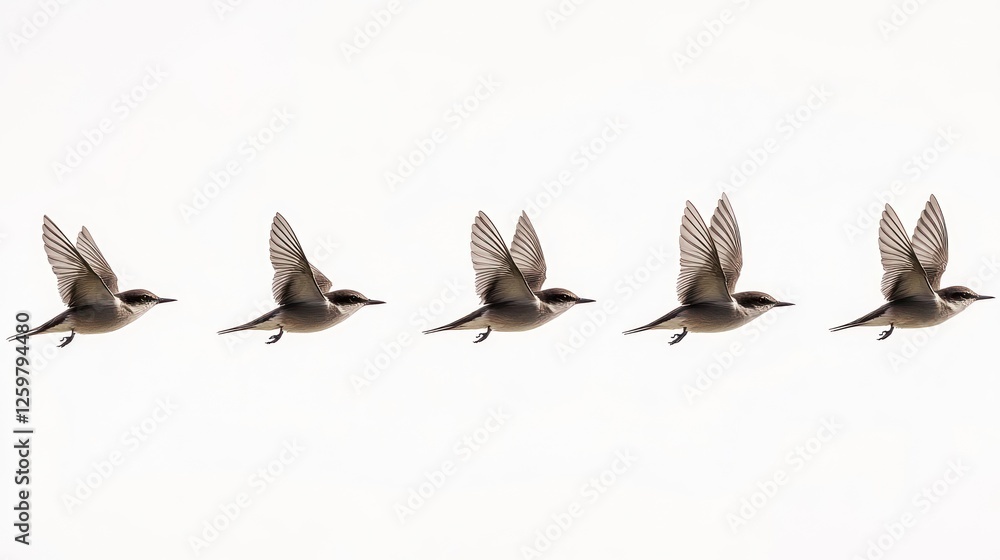 Fototapeta premium Five birds flying in formation, white background, motion sequence, nature photography