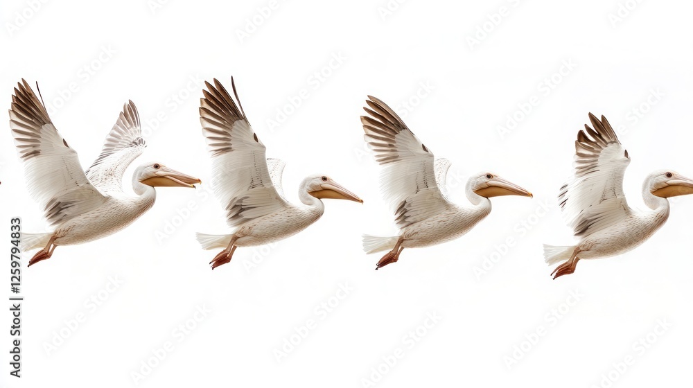Obraz premium White pelicans flying sequence, wildlife, nature, isolated, motion blur background