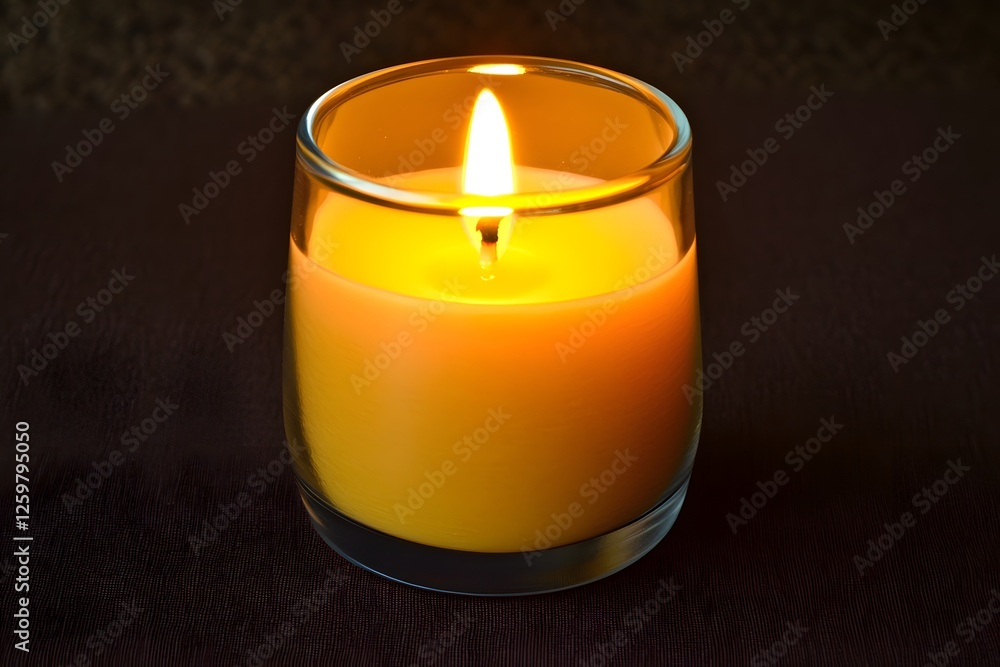 Lit candle in glass jar, dark background, ambiance, relaxation Lit candle in glass jar, dark background, ambiance, relaxation
