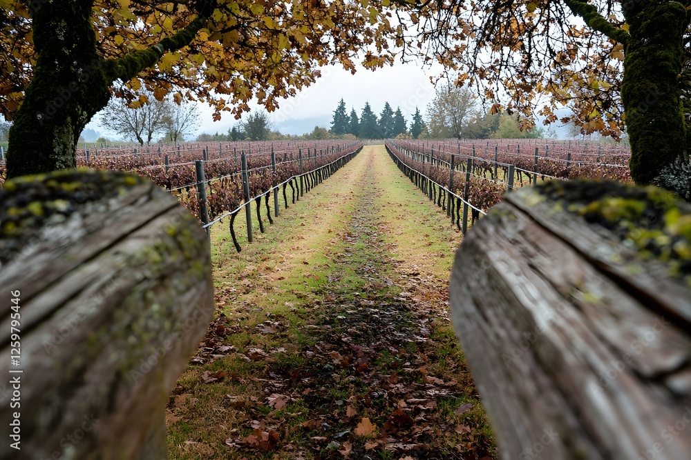 Autumn vineyard path, Oregon, misty hills, harvest Autumn vineyard path, Oregon, misty hills, harvest