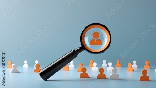 Targeted Search: A magnifying glass focuses on a single orange figure among a group of white figures, representing the concept of targeting and identifying specific individuals within a larger pool. 