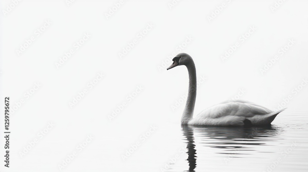 Fototapeta premium Serene swan swimming misty lake, peaceful morning, nature imagery