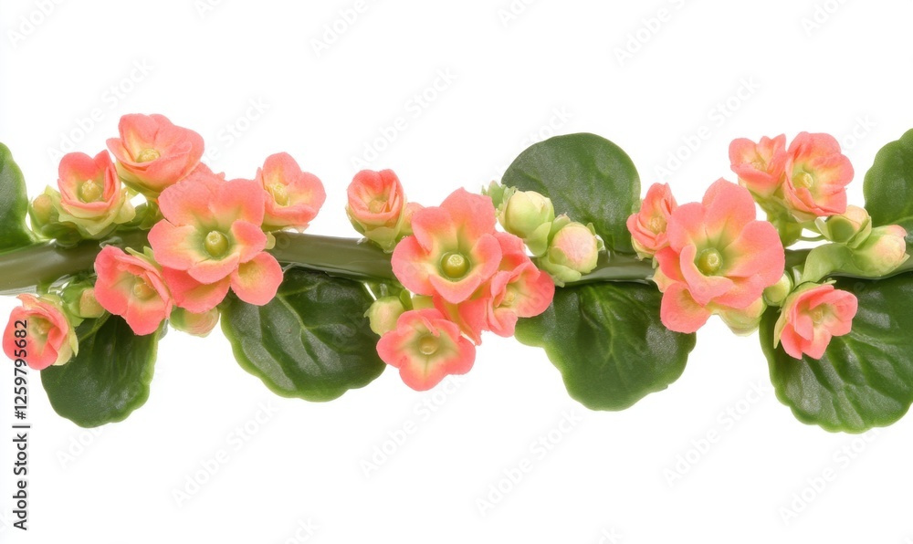 Pink flowers, green leaves, stem, isolated, floral border, white background, nature, design element Pink flowers, green leaves, stem, isolated, floral border, white background, nature, design element