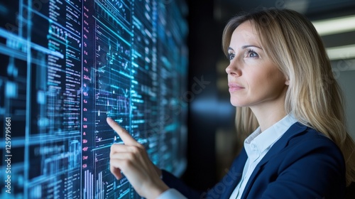A professional woman interacts with a digital interface displaying complex data and graphs, symbolizing technology and innovation.