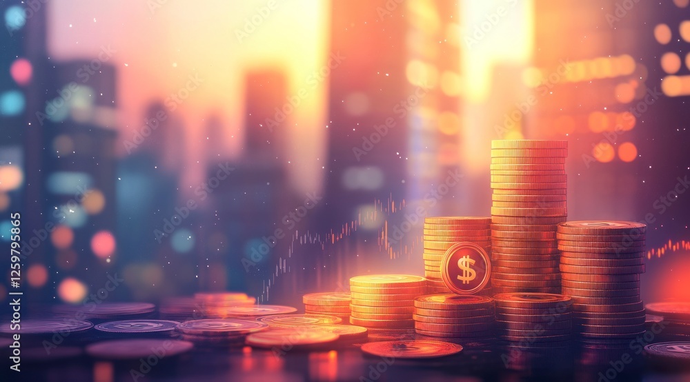 Obraz premium Illustration of coins and graph, a financial stock market concept with a dollar sign symbol on the background. Business logo design template for a currency exchange service