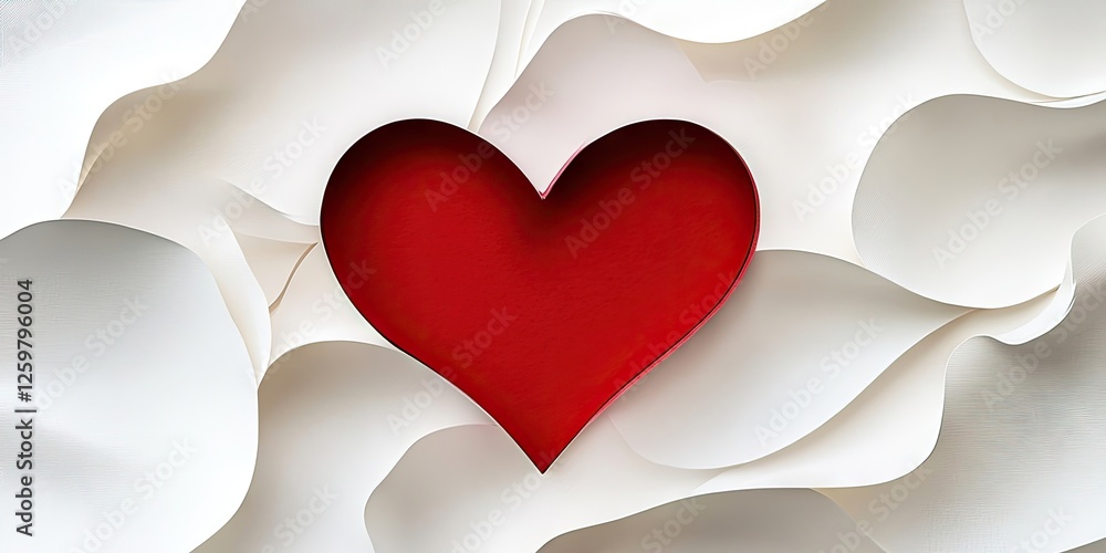 Red heart shape centered on textured white paper background featuring soft curves and folds, creating a romantic and artistic atmosphere. Red heart shape centered on textured white paper background featuring soft curves and folds, creating a romantic and artistic atmosphere.