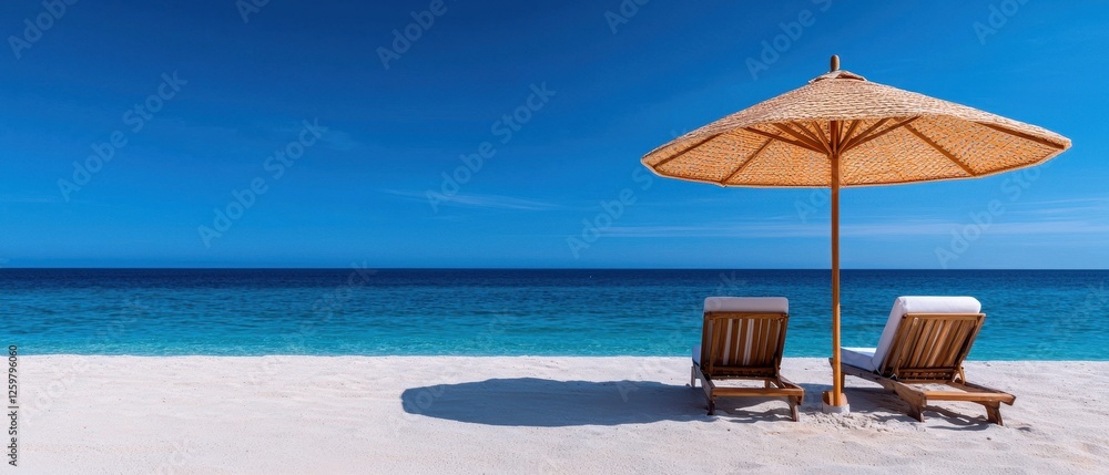 Obraz premium Sun loungers under a straw umbrella on a serene beach with clear blue skies.
