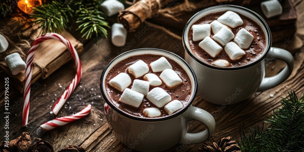 Cozy winter scene featuring two white mugs filled with rich hot chocolate topped with marshmallows on rustic wooden table with festive decorations Cozy winter scene featuring two white mugs filled with rich hot chocolate topped with marshmallows on rustic wooden table with festive decorations