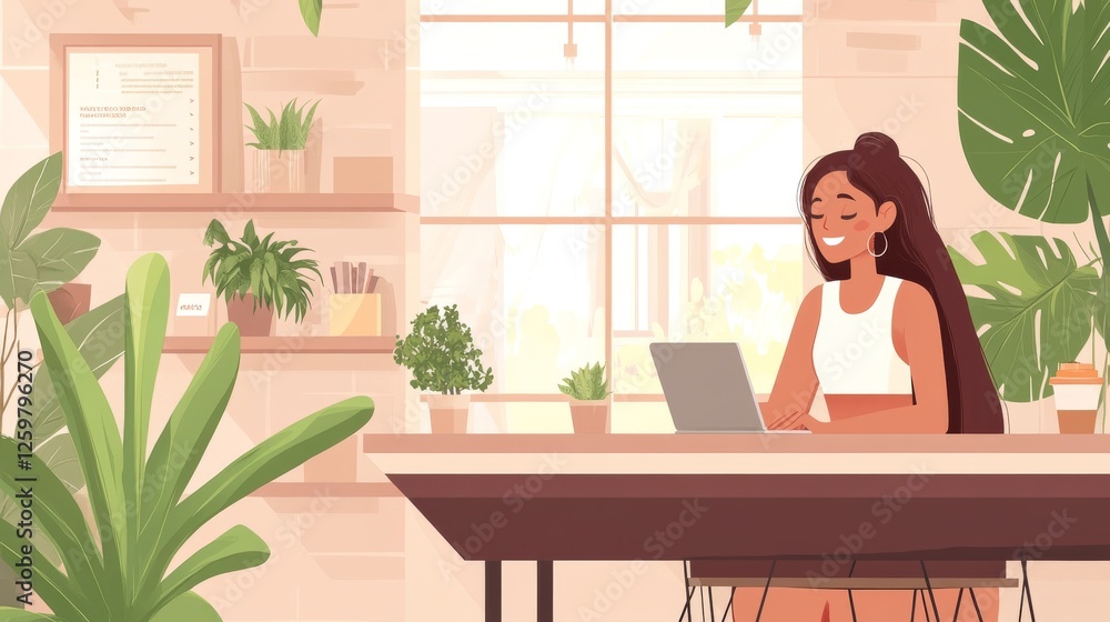 Modern Home Office with Young Woman Working and Relaxing Modern Home Office with Young Woman Working and Relaxing