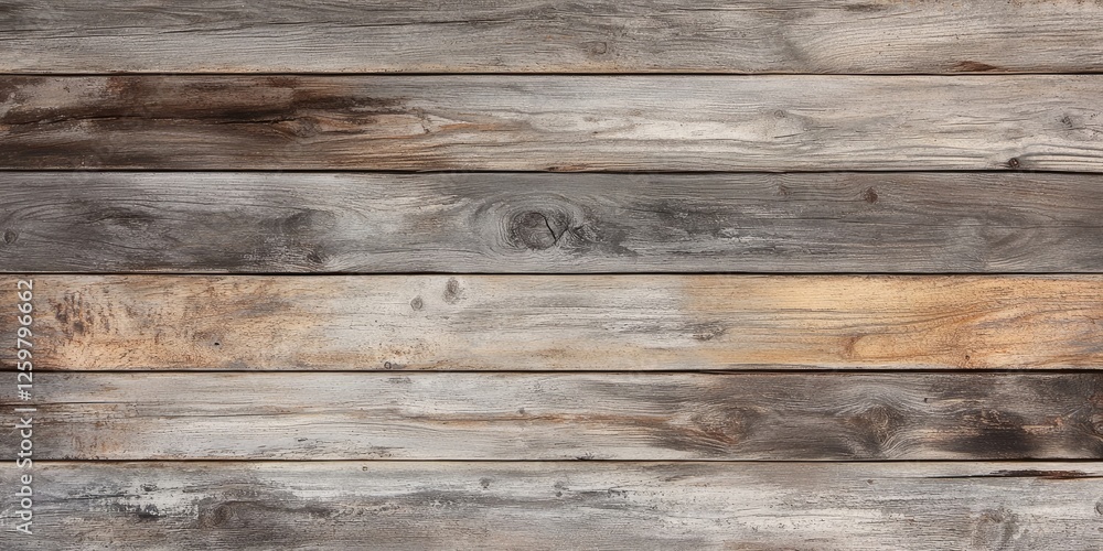 Naklejka premium Textured wooden planks in varying shades of gray and brown arranged horizontally, showcasing rustic and weathered finish for background use.