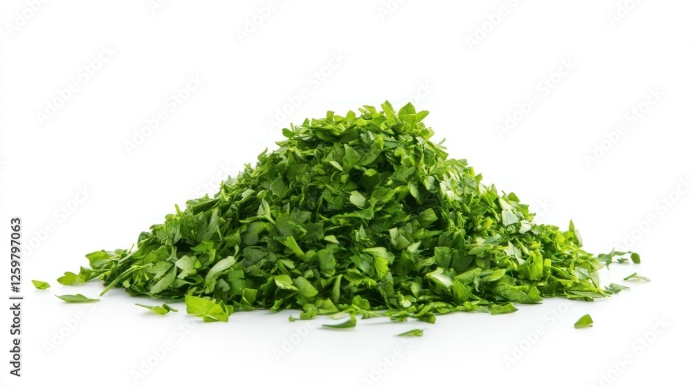 Chopped parsley pile, studio shot, white background, food ingredient Chopped parsley pile, studio shot, white background, food ingredient