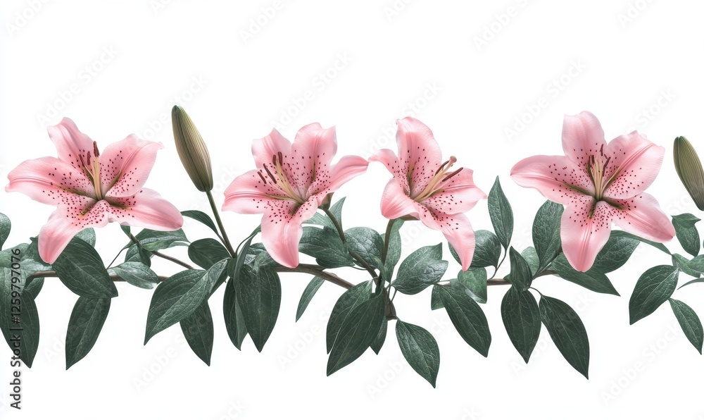 Pink lilies border, floral design, seamless pattern, white background, website design Pink lilies border, floral design, seamless pattern, white background, website design