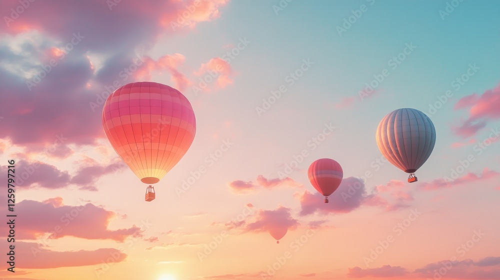 Fototapeta premium Colorful hot air balloons soar at sunset, peaceful sky, travel advertisement