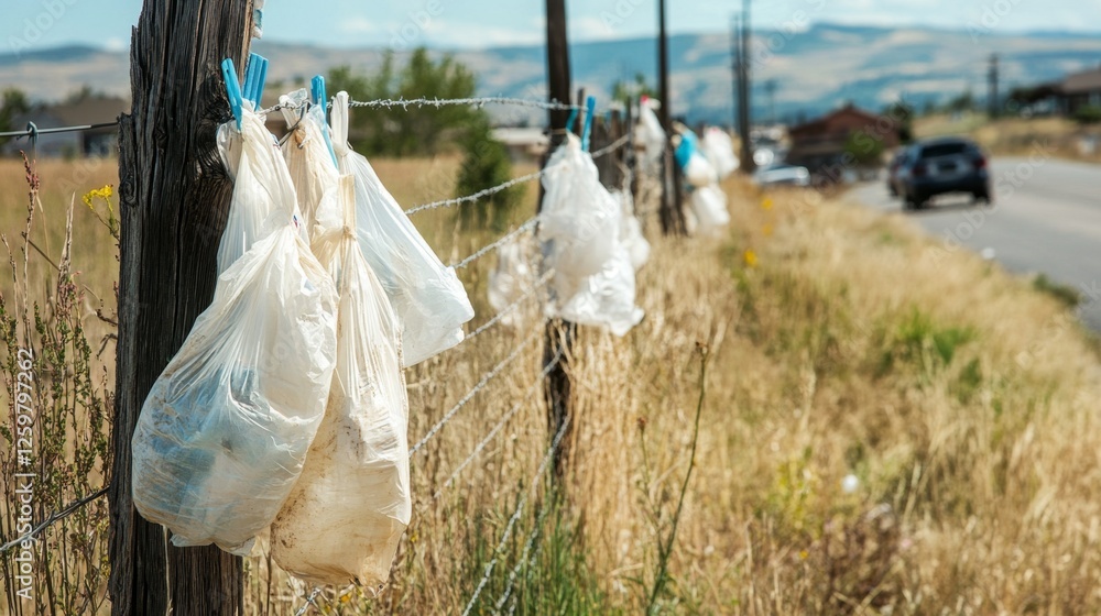 Plastic Bags Hanging on a Rural Fence - Environmental Problem