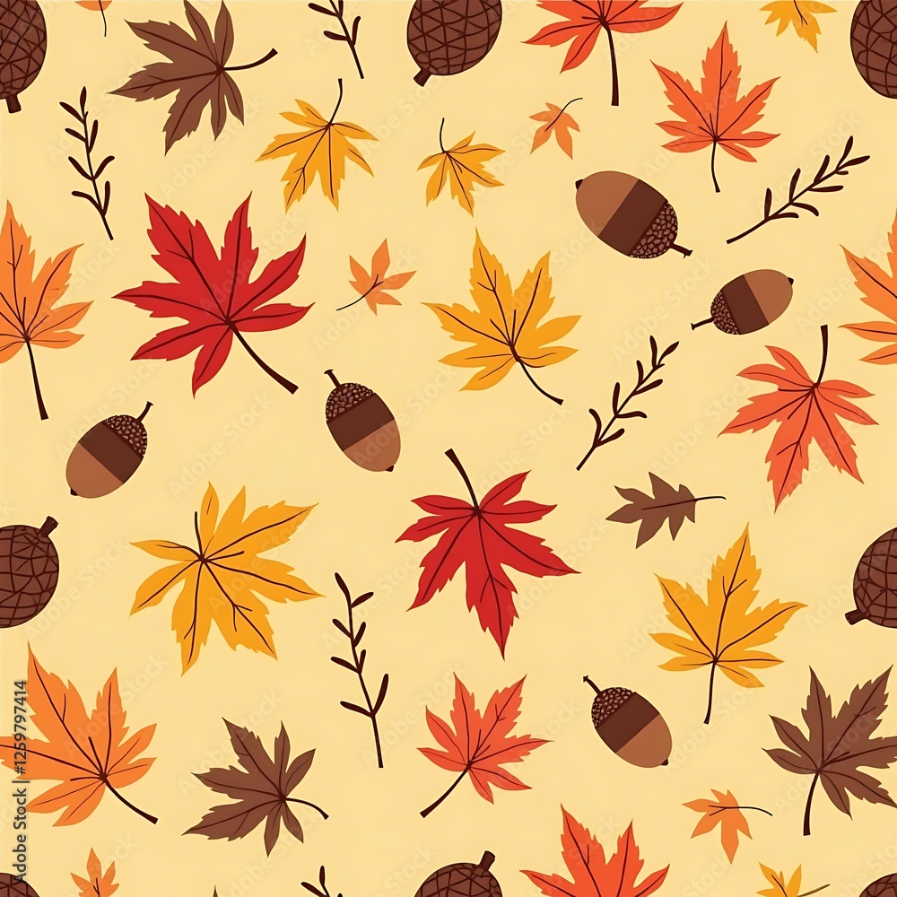 Obraz premium Autumn Leaf and Acorn Seamless Pattern Design