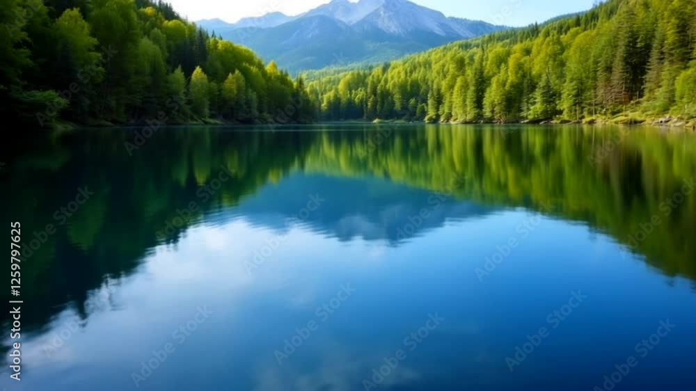 Crystal clear lake reflecting lush green mountains under bright blue sky. Tranquil scenery. Crystal clear lake reflecting lush green mountains under bright blue sky. Tranquil scenery.