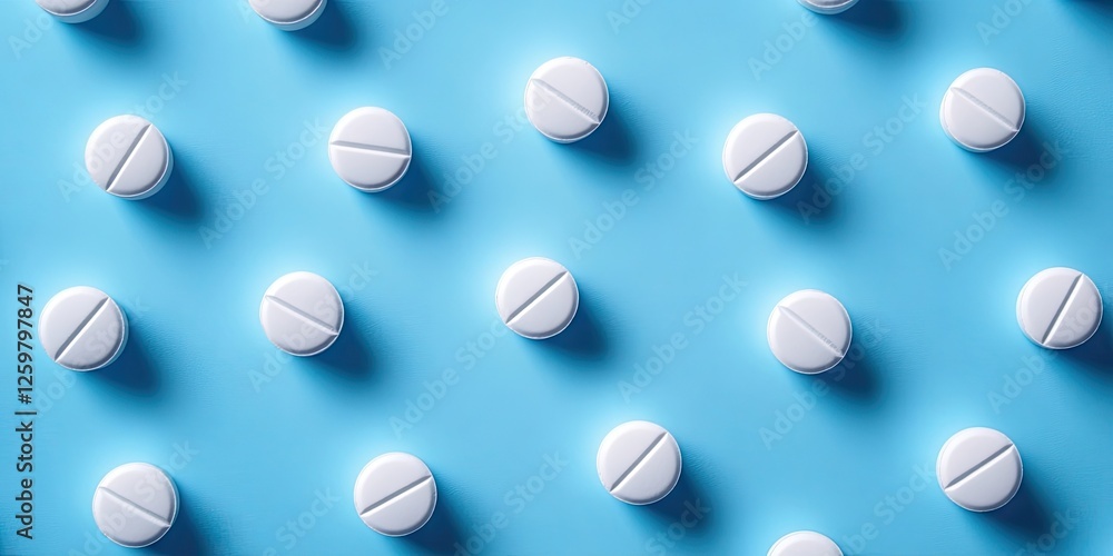 White circular tablets arranged in a grid pattern on a light blue backdrop creating shadows, emphasizing texture and uniformity of the pills. White circular tablets arranged in a grid pattern on a light blue backdrop creating shadows, emphasizing texture and uniformity of the pills.