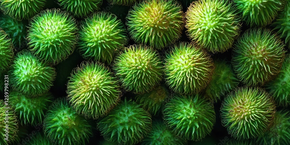 Unique unripe green rambutan fruits clustered closely showing their spiky texture and vibrant green color set against a dark background Unique unripe green rambutan fruits clustered closely showing their spiky texture and vibrant green color set against a dark background