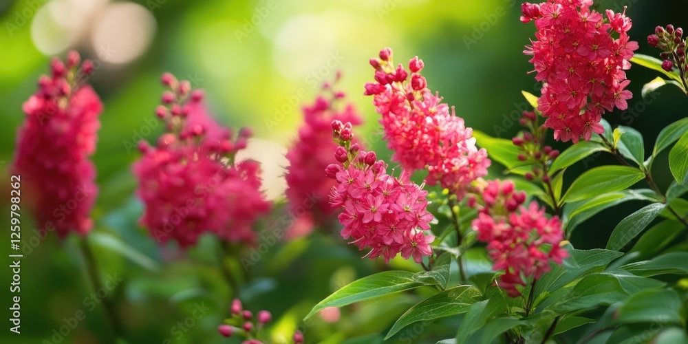 Vibrant pink spiraea japonica flowers with lush green leaves gracefully positioned against a softly blurred green backdrop in natural light. Vibrant pink spiraea japonica flowers with lush green leaves gracefully positioned against a softly blurred green backdrop in natural light.