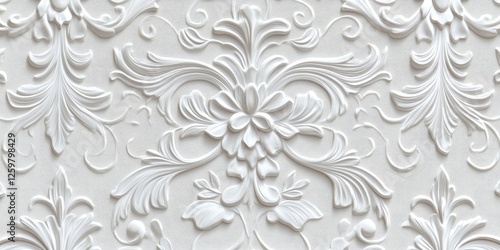 Elegant white floral relief pattern on textured background with intricate details and scrolls prominently positioned in the center and corners.